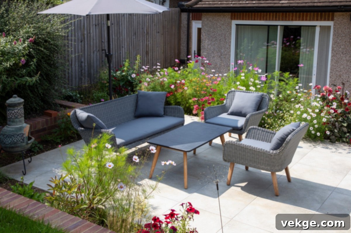 A beautifully tiled outdoor patio with dining area, showcasing aesthetic compatibility