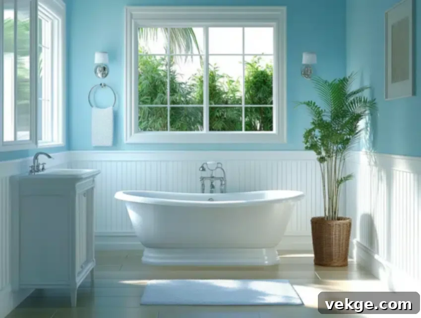 Sky Blue paint color for an expansive and tranquil small bathroom