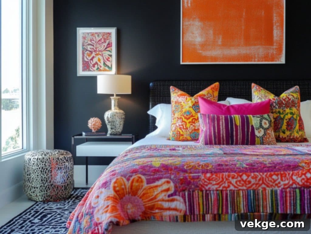 Black Wall with Contrasting Bright Bedding