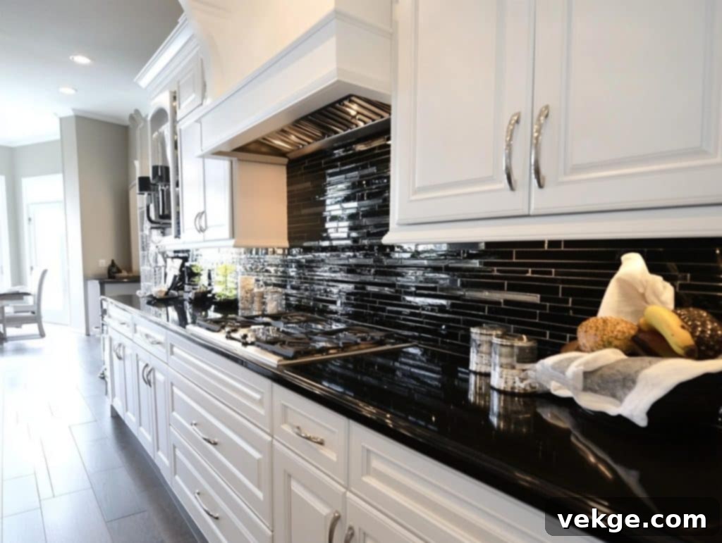Black Backsplash Wall with Glossy Tiles