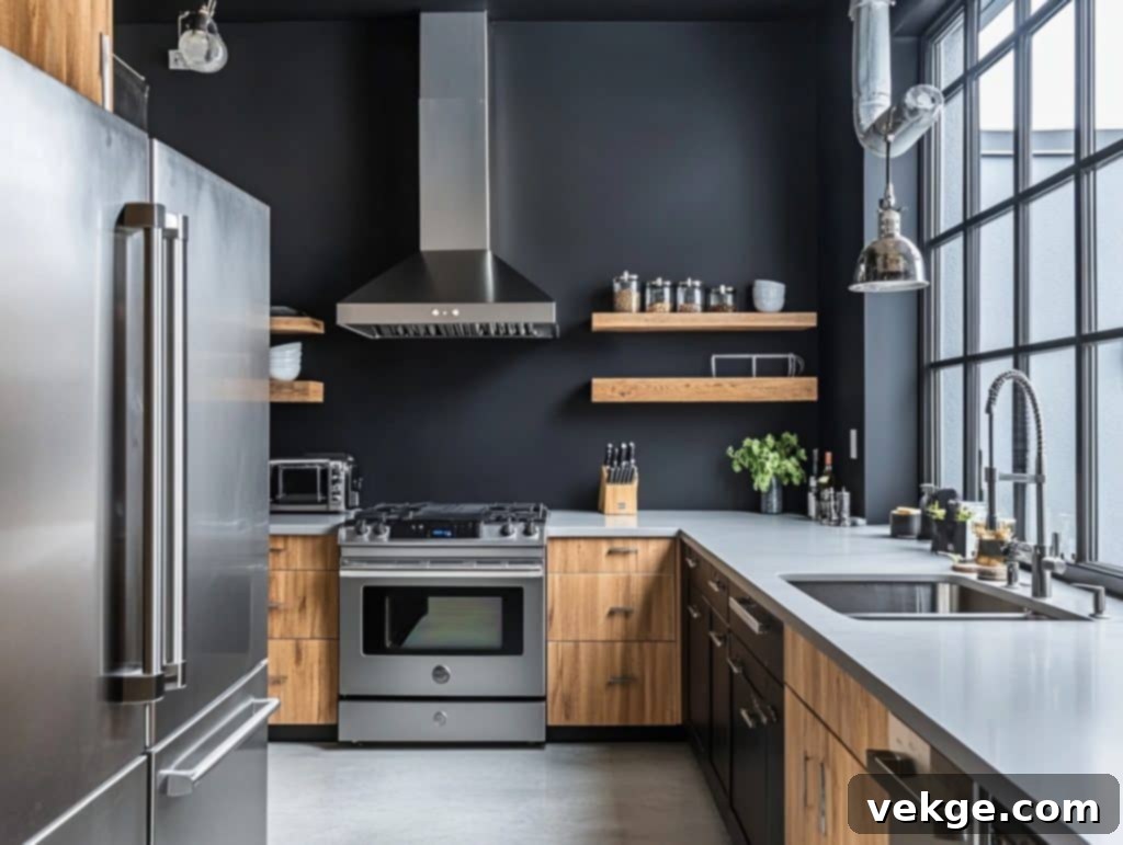 Matte Black Wall Paired with Stainless Steel Appliances