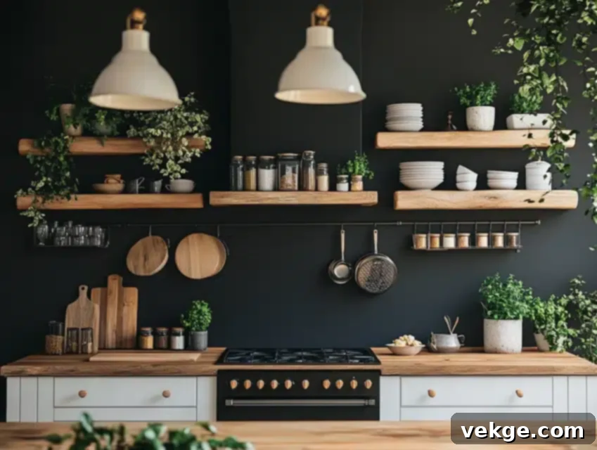 Black Wall with Open Wooden Shelving for a Modern Farmhouse Vibe