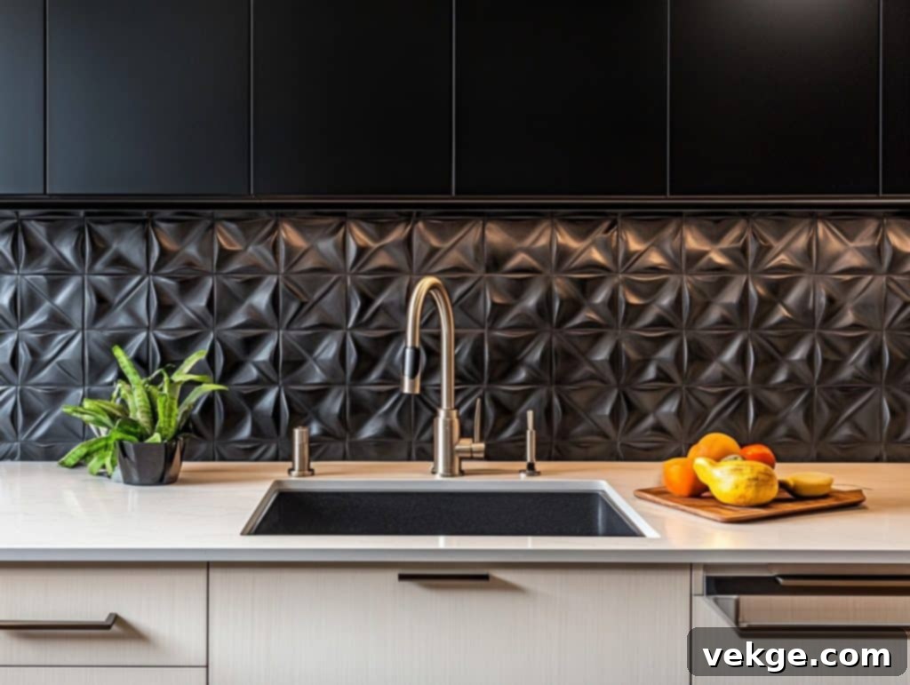 Black Textured Tiles Behind the Sink
