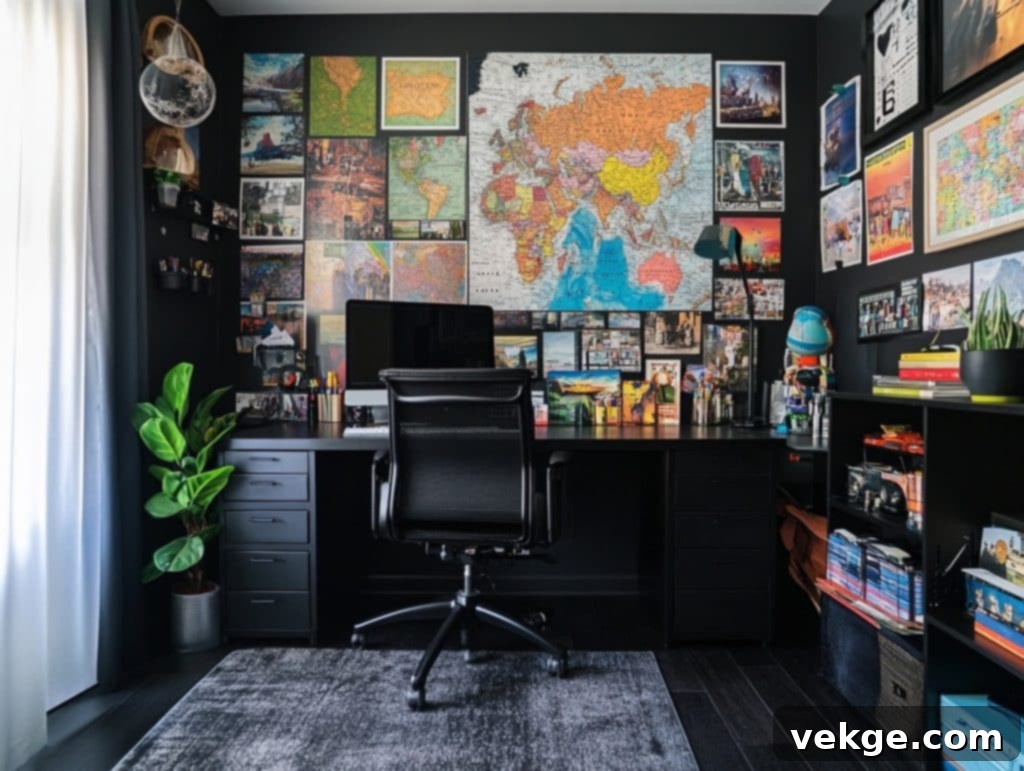 Black Wall with a Collage of Maps or Travel Photos