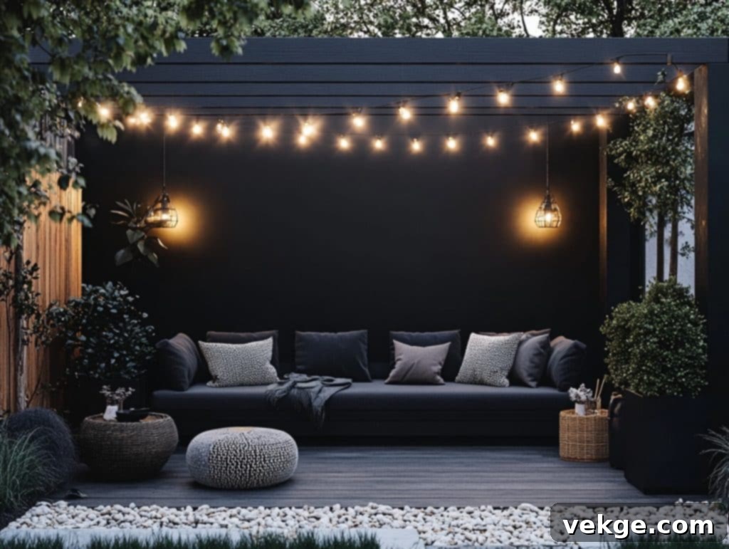 Black Outdoor Accent Wall with String Lights