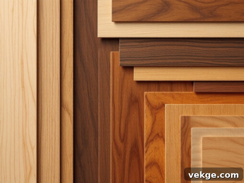 Close-up of a wood veneer surface before refinishing, showing natural grain and minor wear.