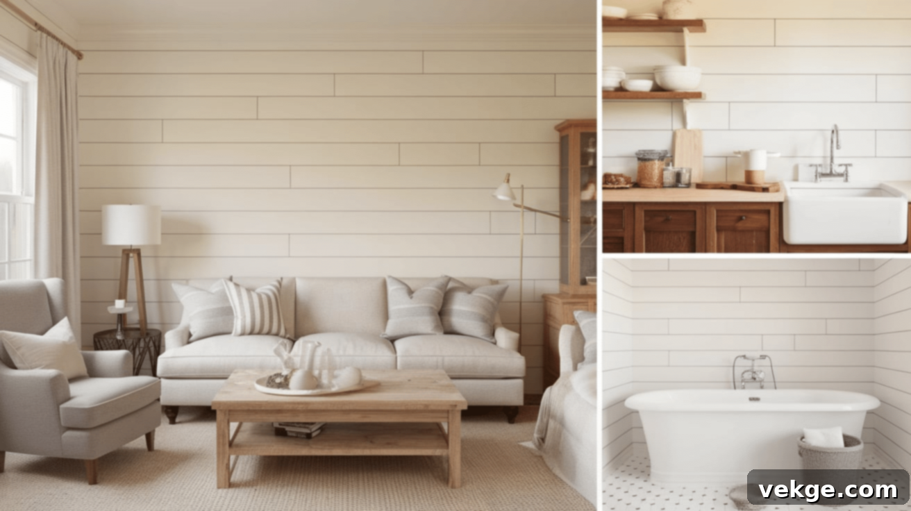Various applications of shiplap paneling in modern interior design, including accent walls, ceilings, kitchen backsplashes, and fireplace surrounds.