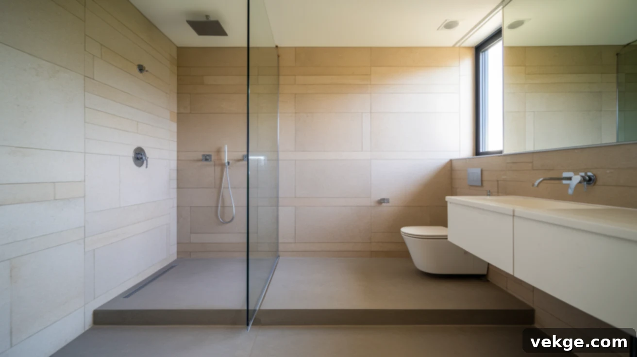 Modern wet room with large format grey tiles and minimalist design