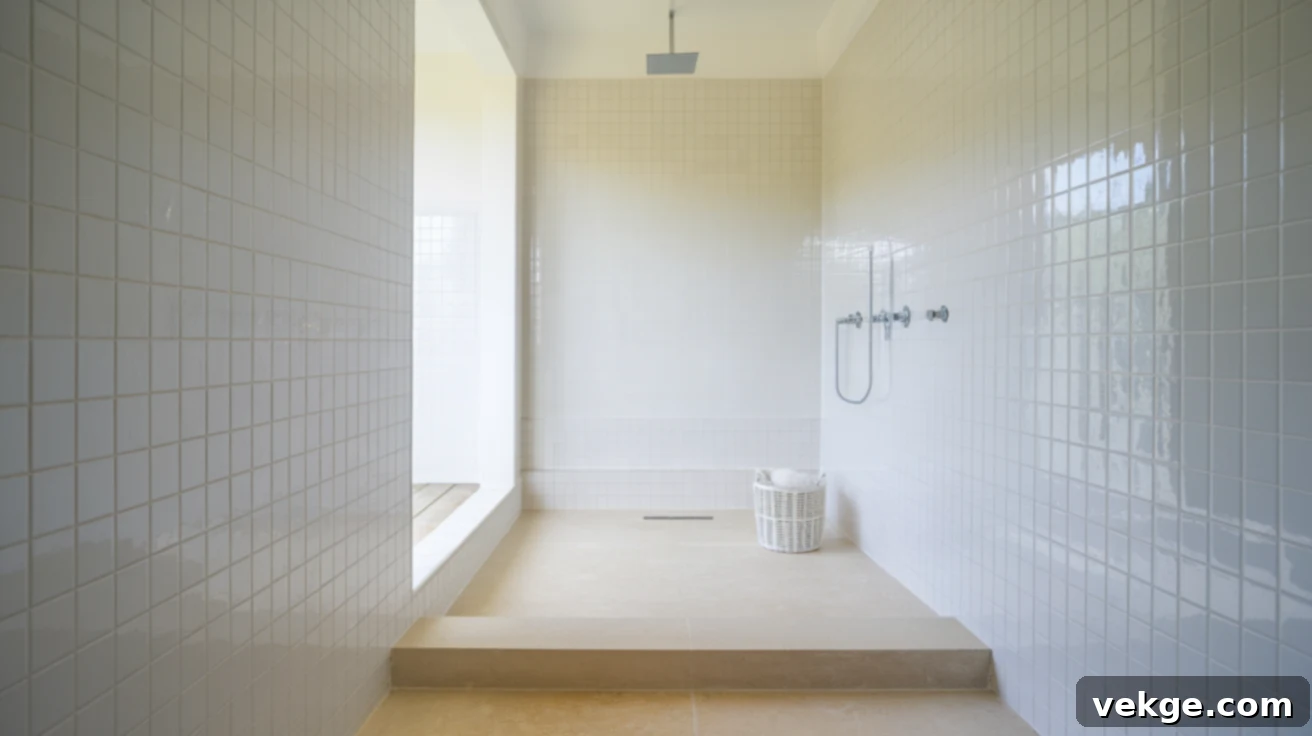 Bright wet room featuring light-colored tiles and walls