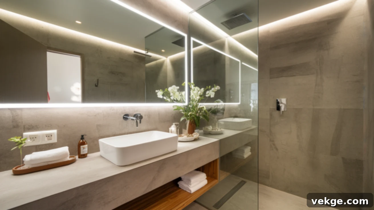 Elegant wet room with a large mirror reflecting natural light