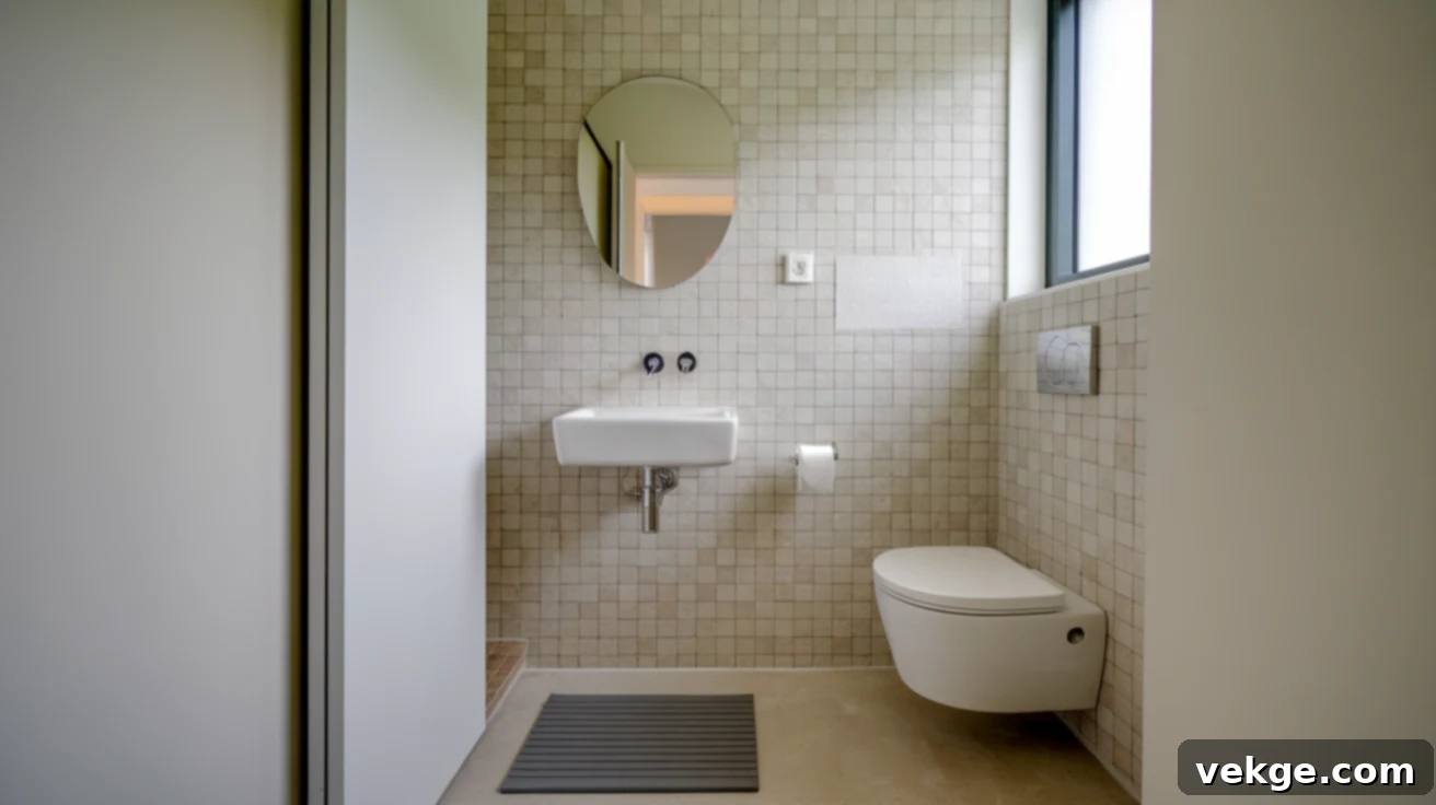 Modern bathroom with a pocket door sliding into the wall