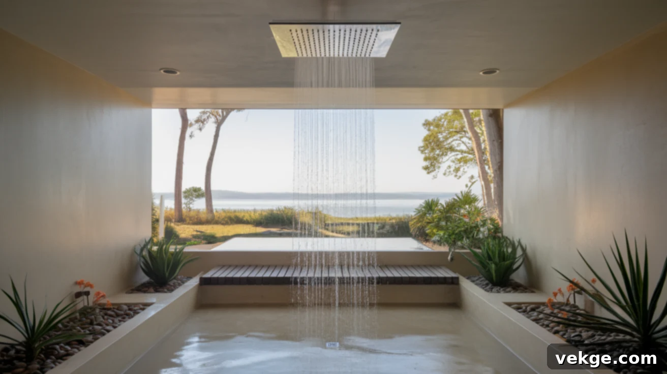 Wet room with a modern ceiling-mounted rainfall showerhead