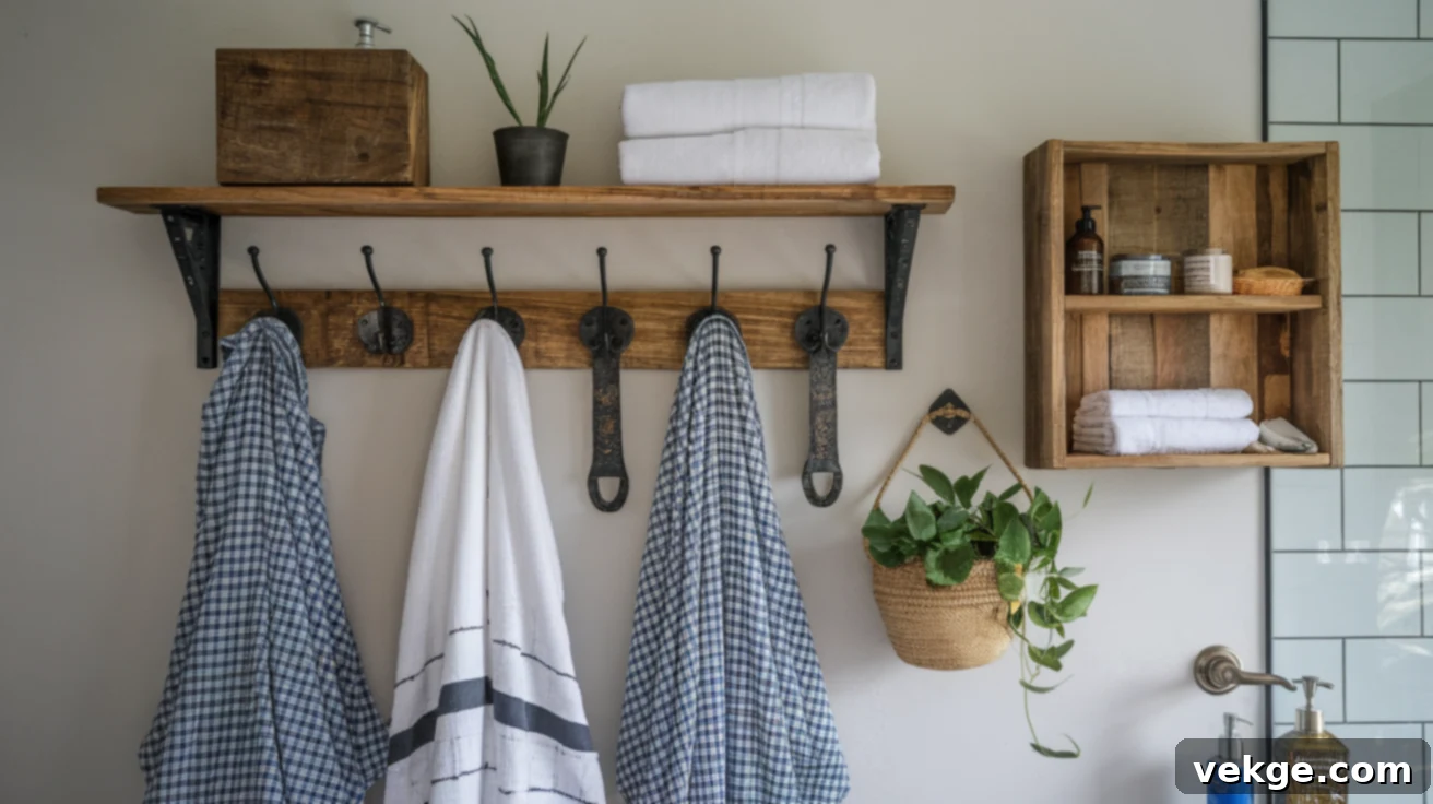 Creative DIY towel rack made from repurposed materials in a modern bathroom