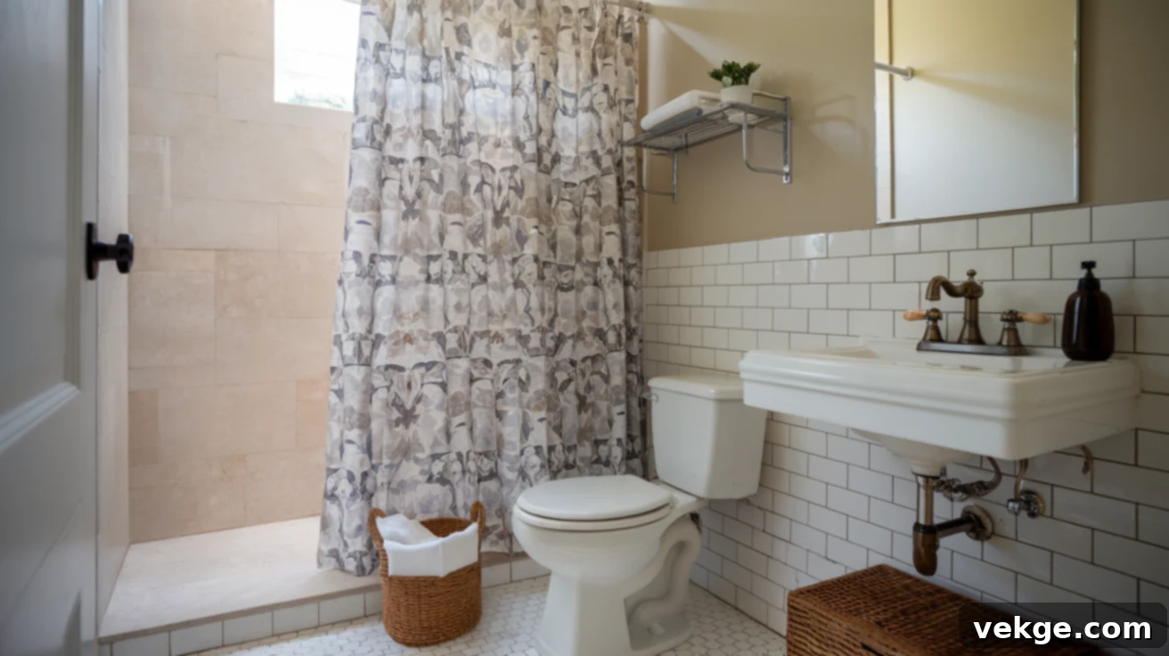 Wet room with a stylish shower curtain for water containment