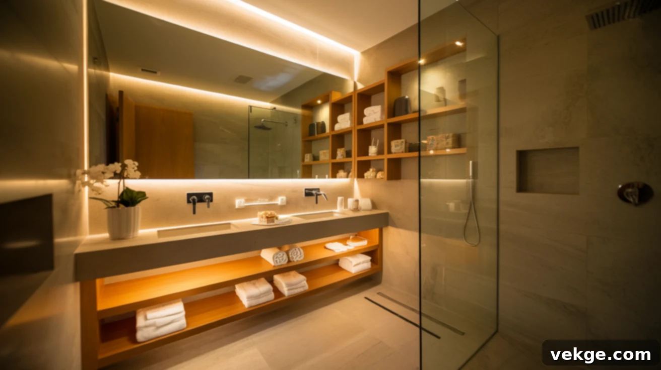 Modern wet room illuminated with subtle LED strip lighting
