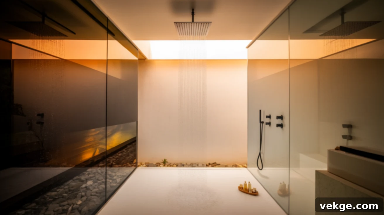 Wet room featuring a simple yet luxurious rainfall showerhead