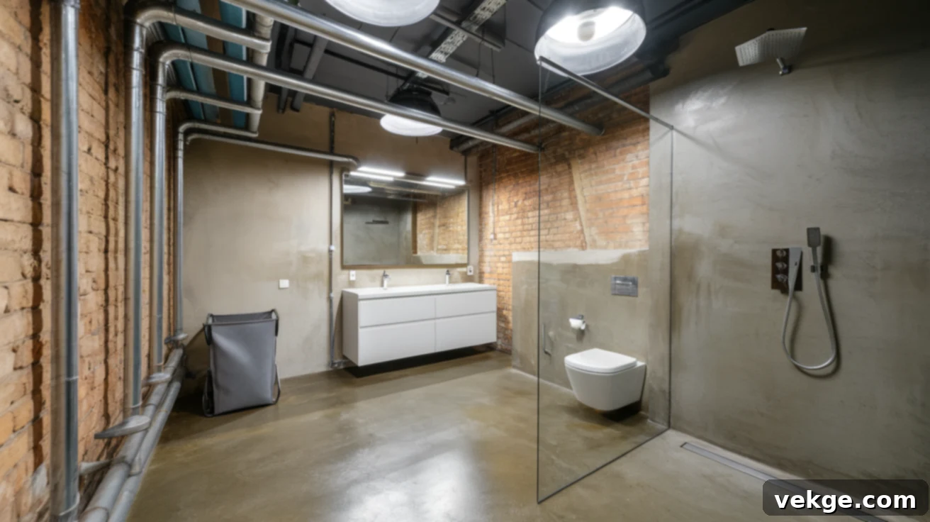 Wet room with exposed industrial-style plumbing
