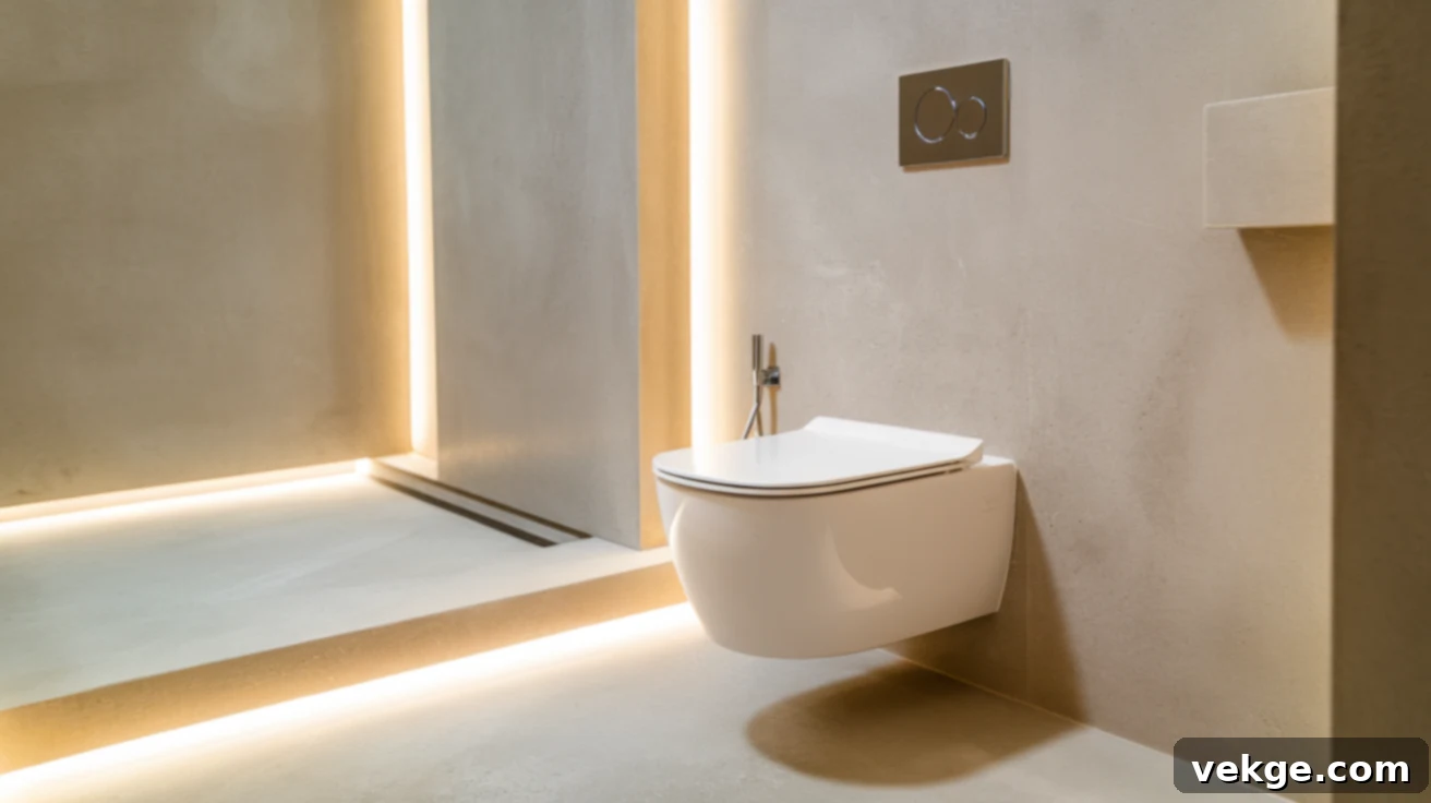 Modern wet room featuring a floating wall-mounted toilet
