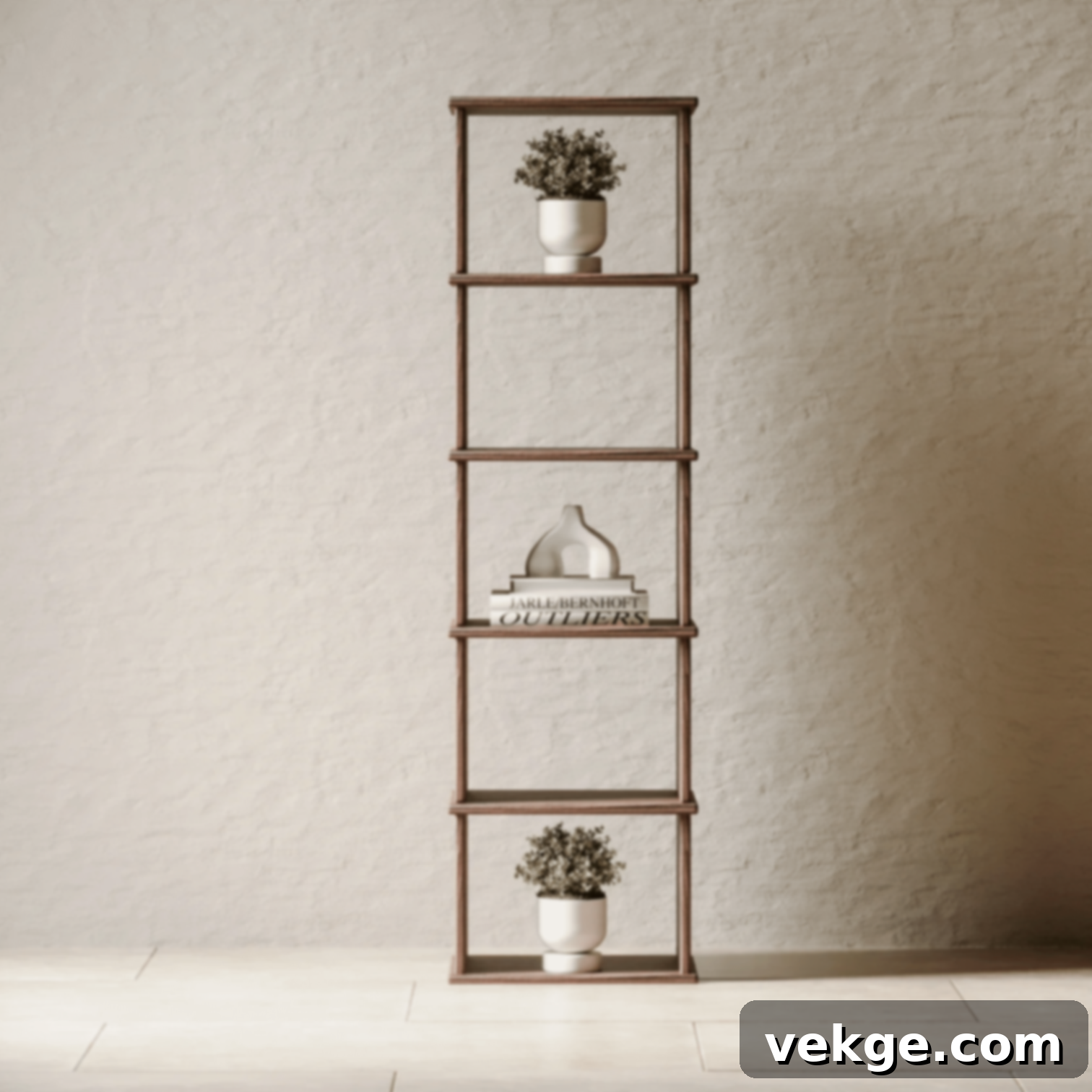Omba Home Tall Narrow Bookshelf in Walnut, displaying books and decorative items in a modern, organized fashion.