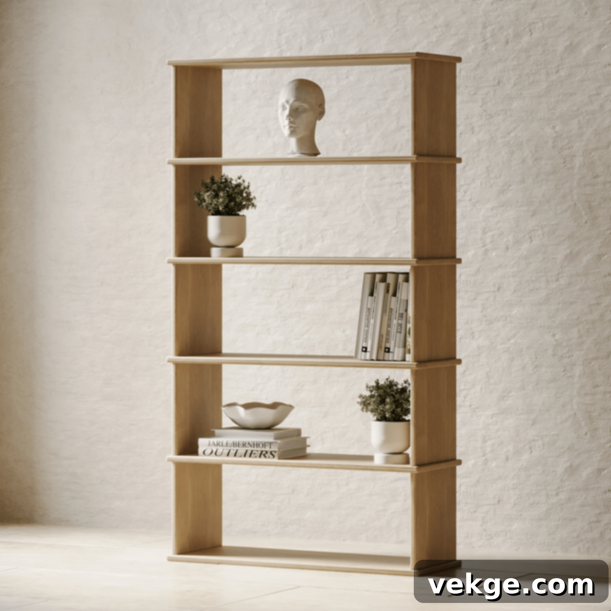 Omba Five Row Bookshelf in minimalist white oak design