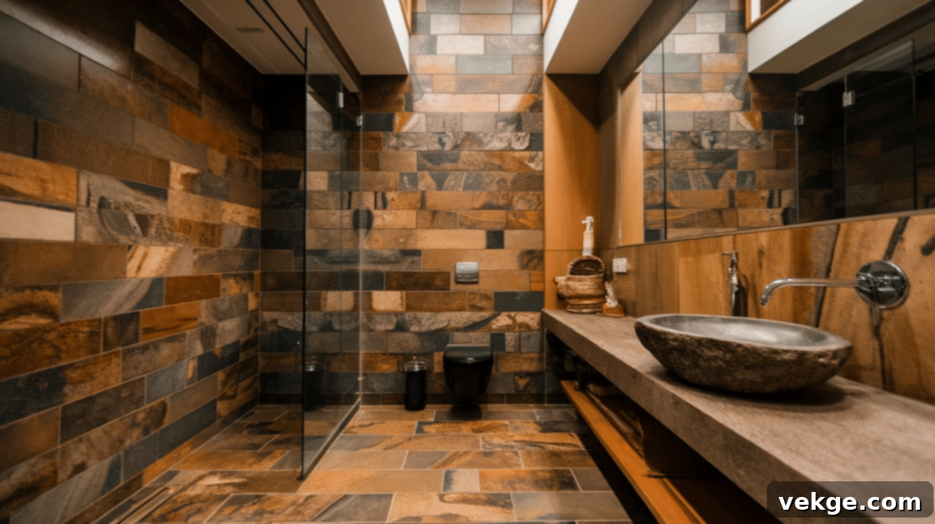 Luxurious Natural Stone Tiles in a Wet Room with a Bathtub