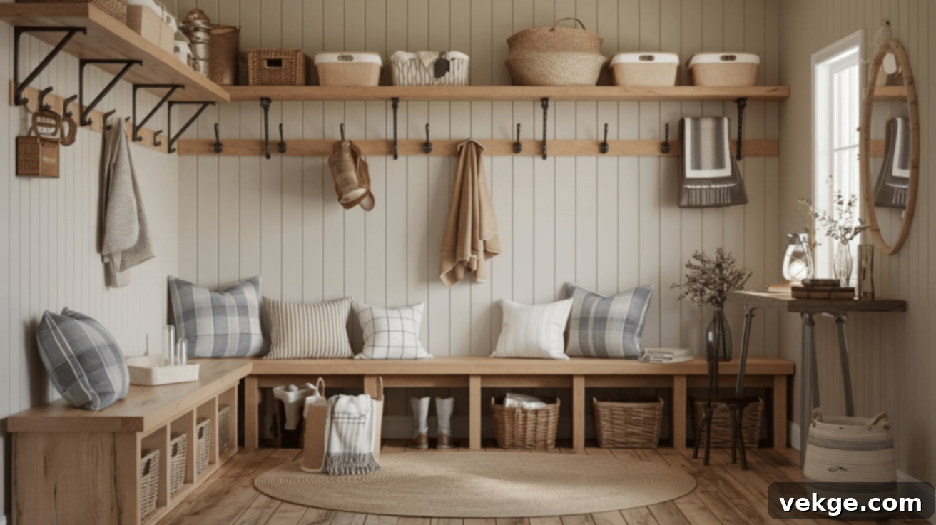 Warm Neutral Colors in Farmhouse Mudroom