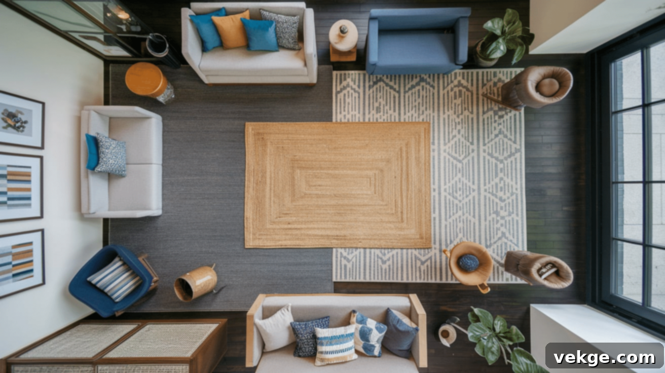 Layered Rugs used to define distinct spaces in open plans