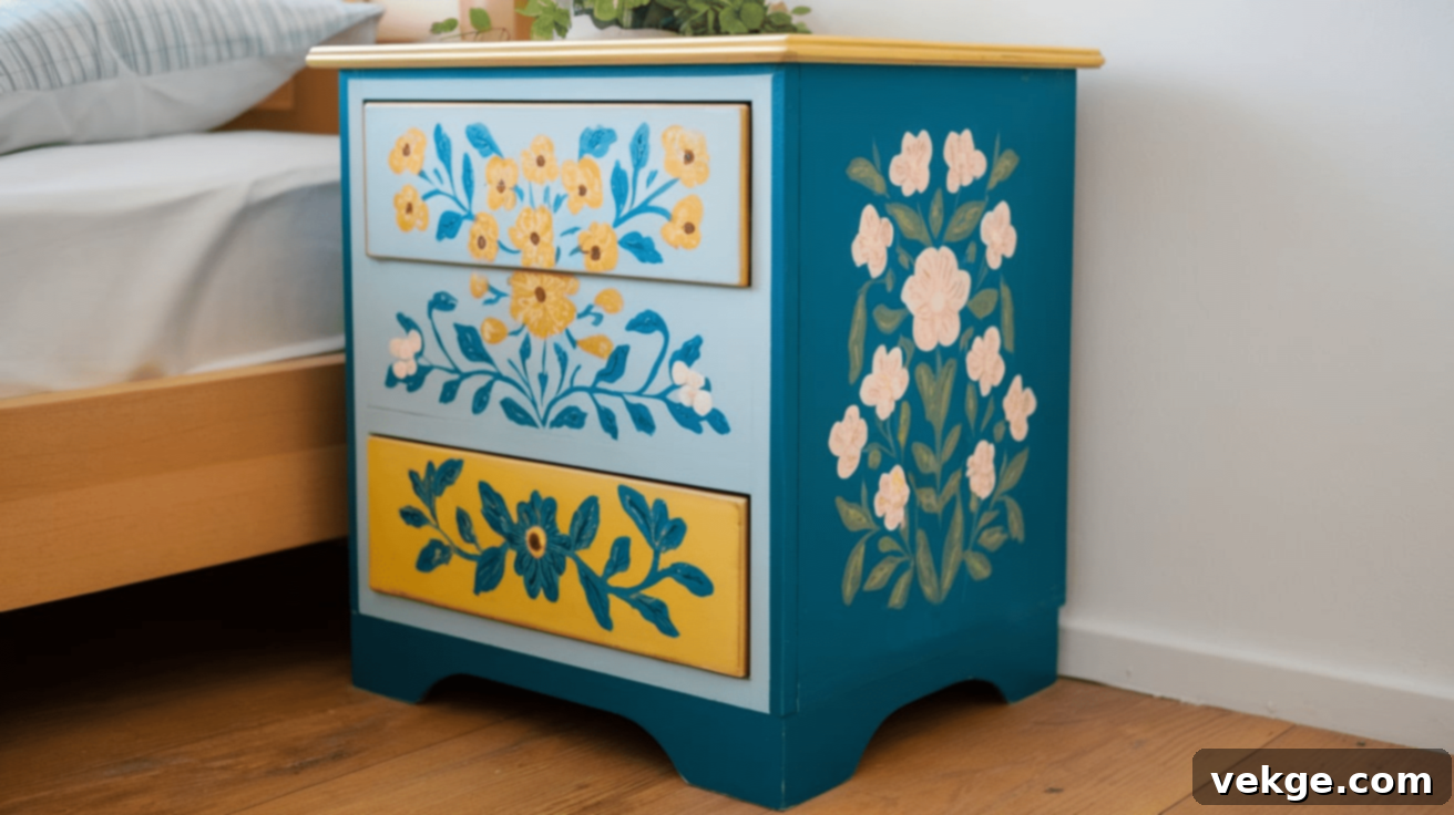 Stenciled Floral Painted Nightstand