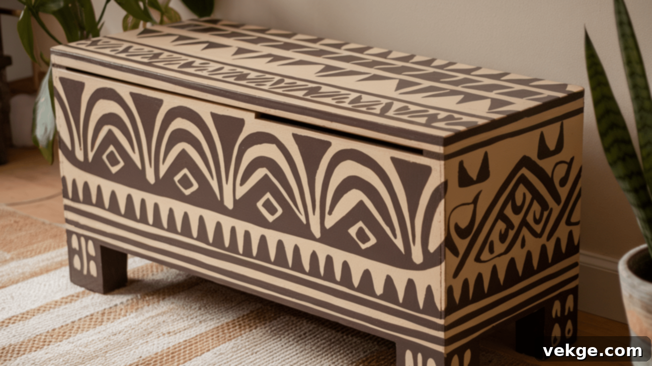Painted storage bench with tribal design