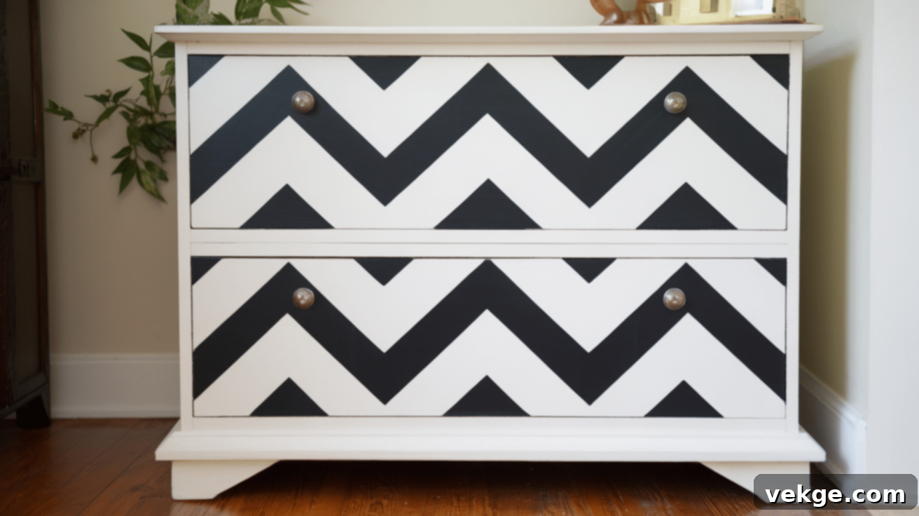 Painted storage cabinet with a chevron pattern