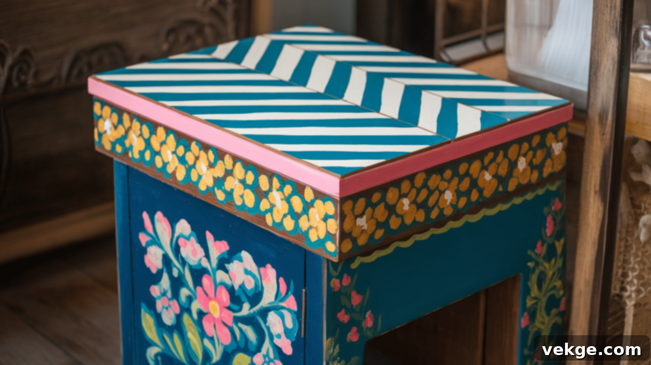 Hand-painted end table with chevron and floral pattern