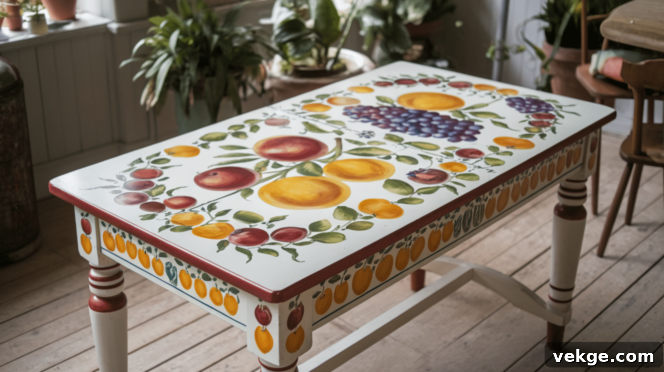 Painted dining table with fruit motifs