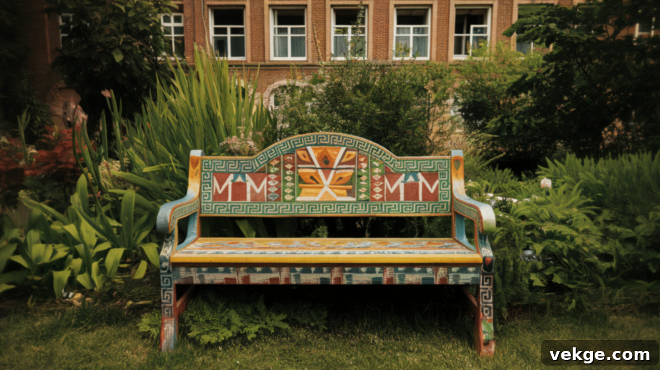 Hand-painted bench with Aztec patterns