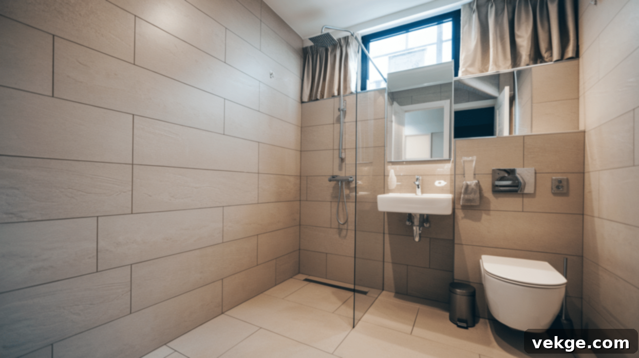 Large format dark grey tiles on wetroom floor and walls