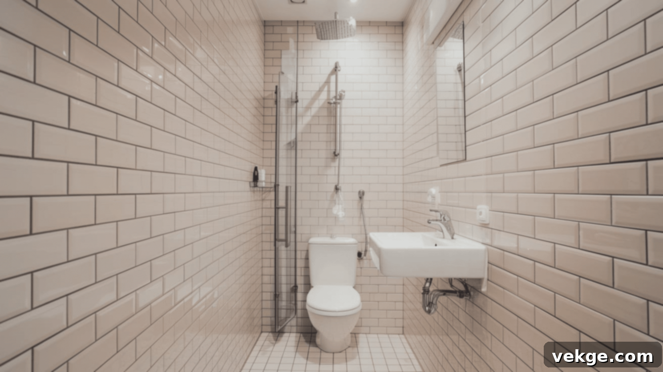 Small wetroom with light-colored tiles reflecting light
