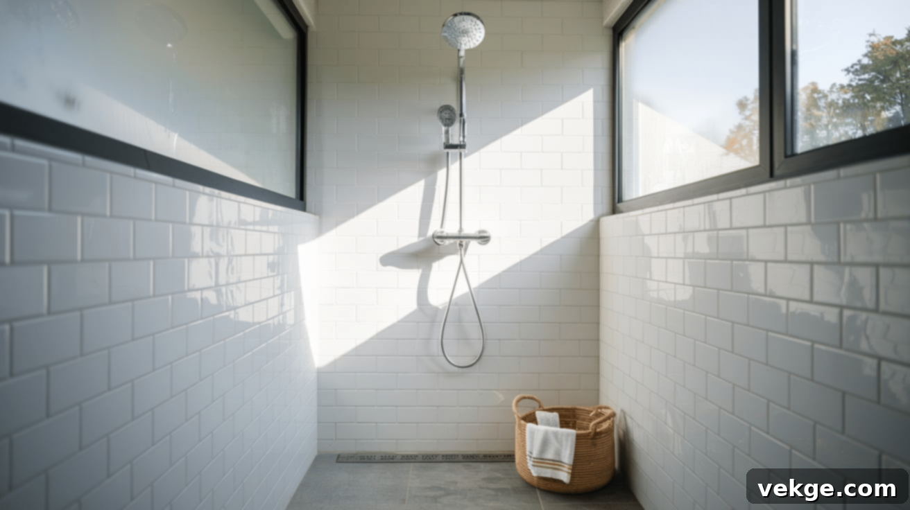 Modern wall-mounted rainfall showerhead in a compact wetroom