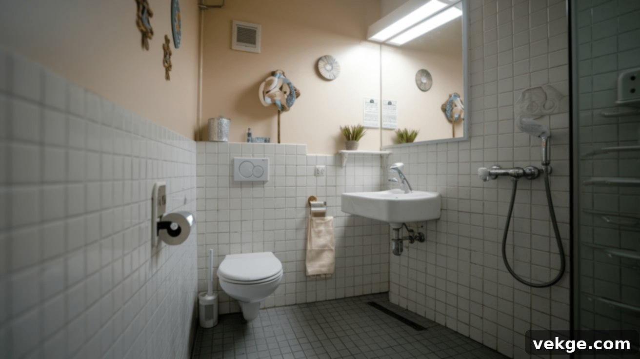 Compact wall-hung toilet and small pedestal sink in a wetroom