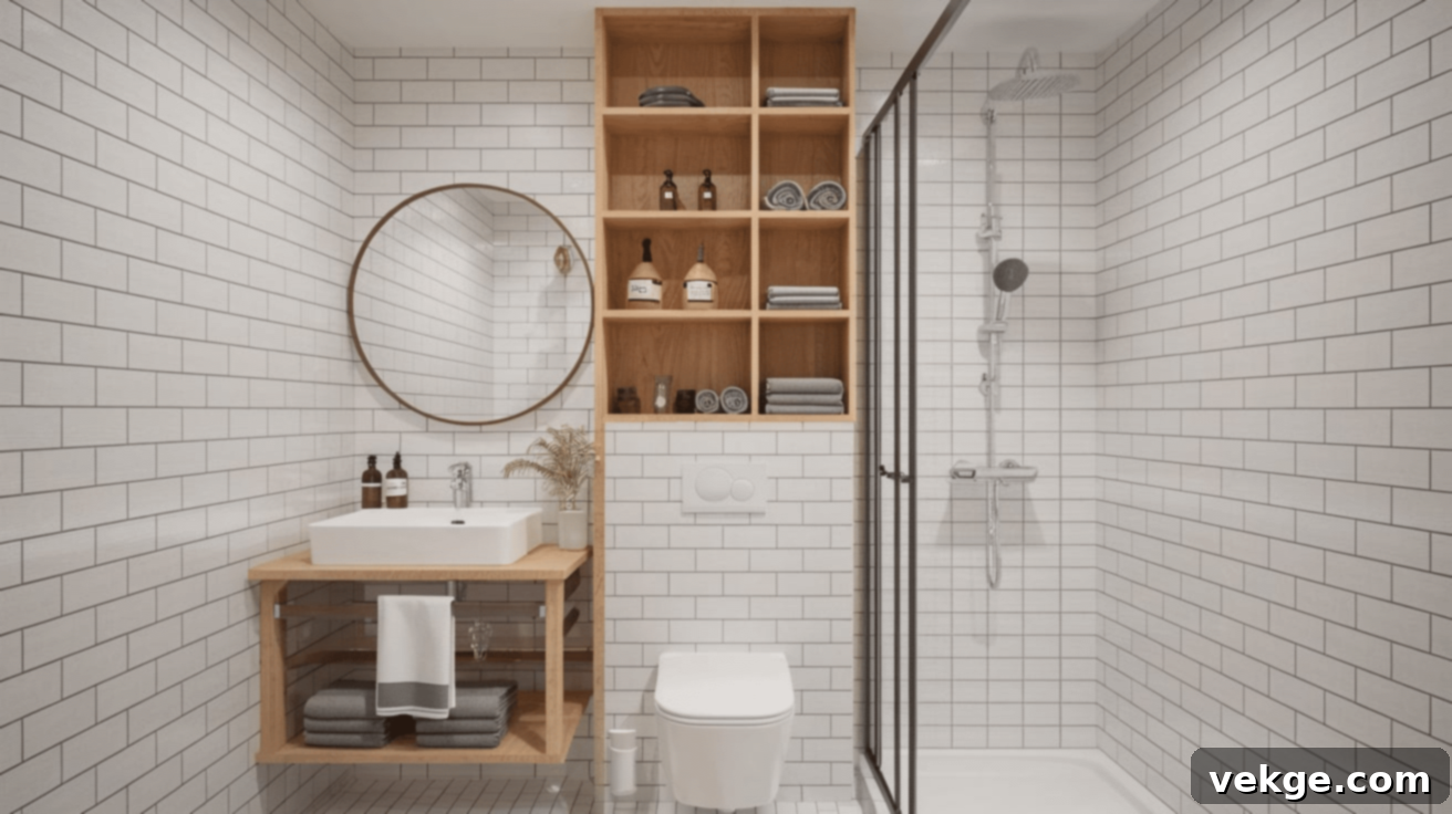Vertical floating shelves and recessed niche in a wetroom