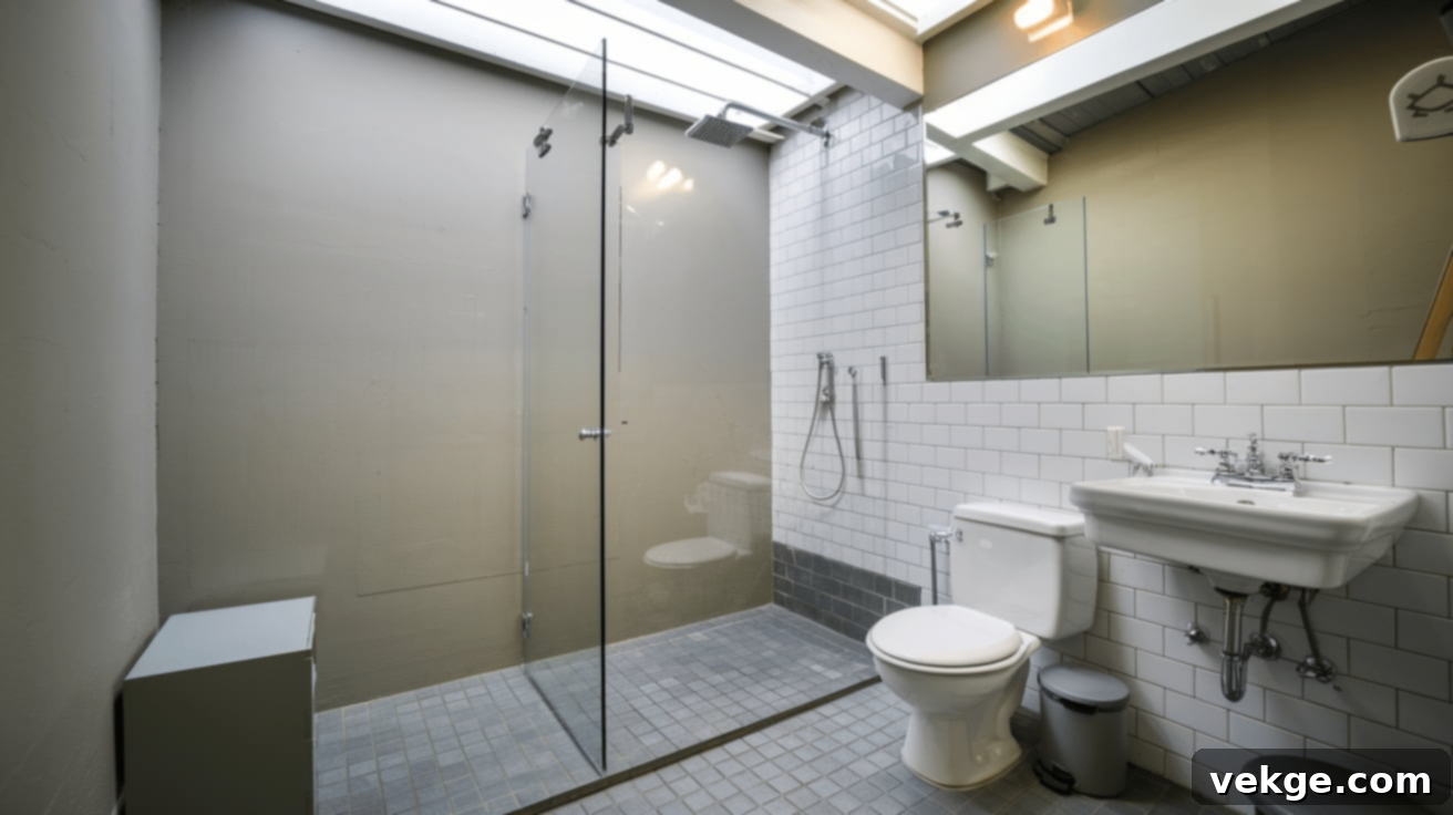 Open shower area with sloping floor and linear drain in a wetroom