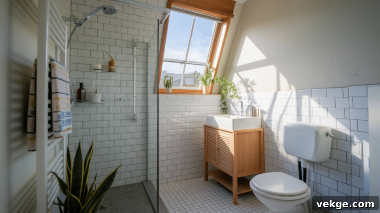 Small wetroom with a skylight illuminating the shower area