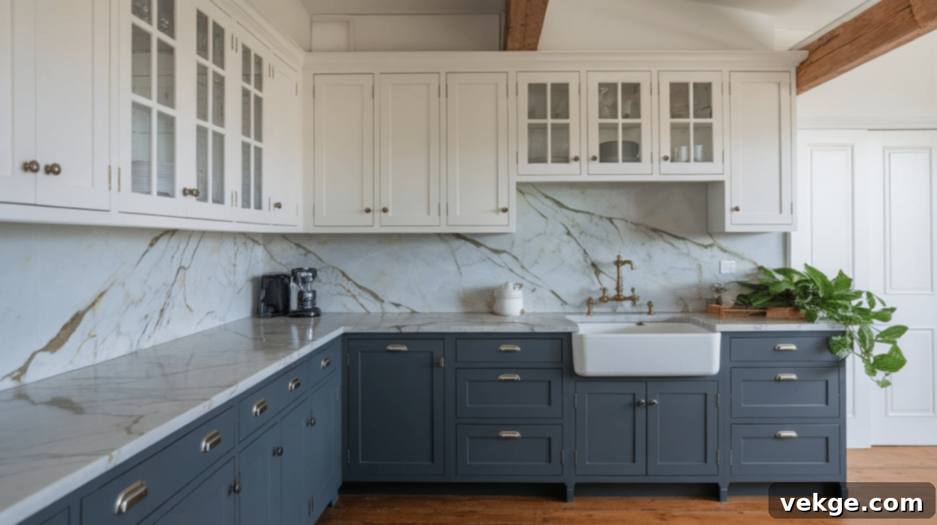 Classic farmhouse kitchen with white upper and dark wood lower two-tone cabinets