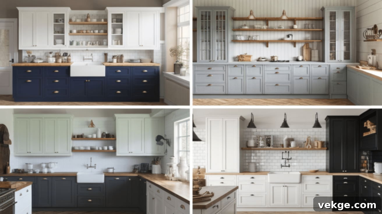 Kitchen interior with different color combinations of farmhouse two-tone cabinets