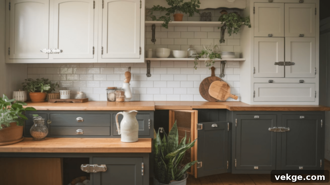 Styling ideas for farmhouse two-tone kitchen cabinets with decorative elements