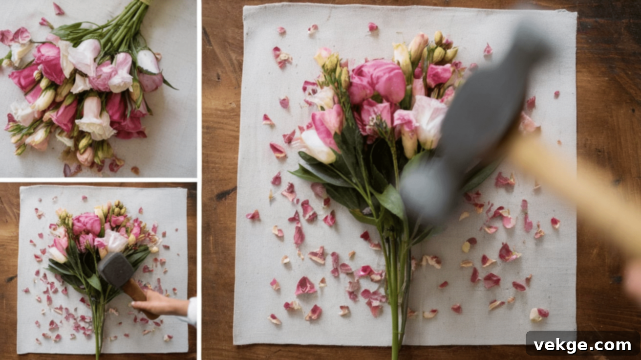 What_Is_Hammered_Flower_Art - A close-up of a vibrant hammered flower print on white fabric, showcasing detailed petals and leaves.