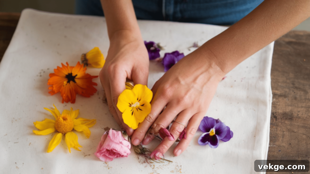 Step-by-Step_Guide_to_Making_Hammered_Flower_Art - Hands demonstrating the hammering technique on flowers covered with parchment paper.