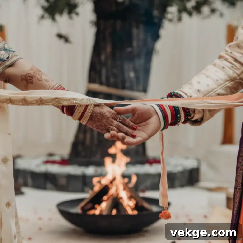 Handfasting & Granthi Bandhanam - ceremonial tying of hands symbolizing marital union