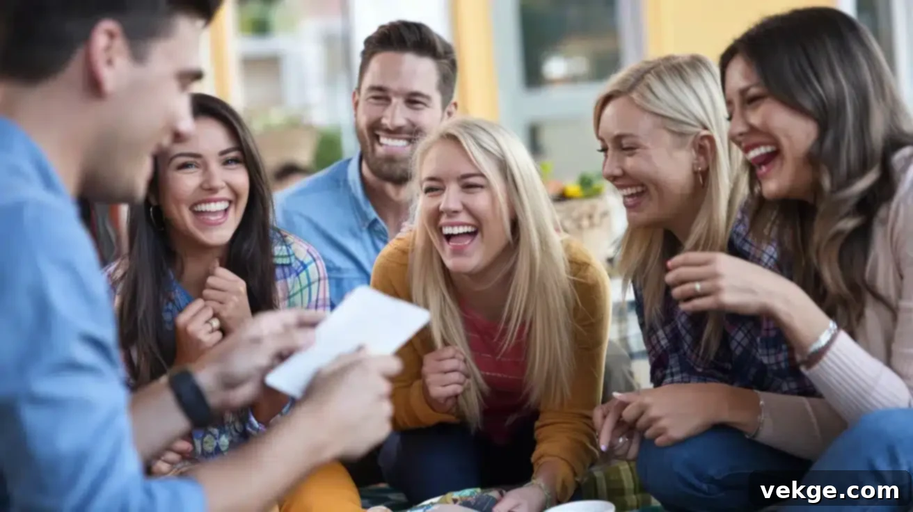 Friends laughing together while answering fun questions.
