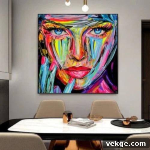 Abstract artwork above a sofa in a small space