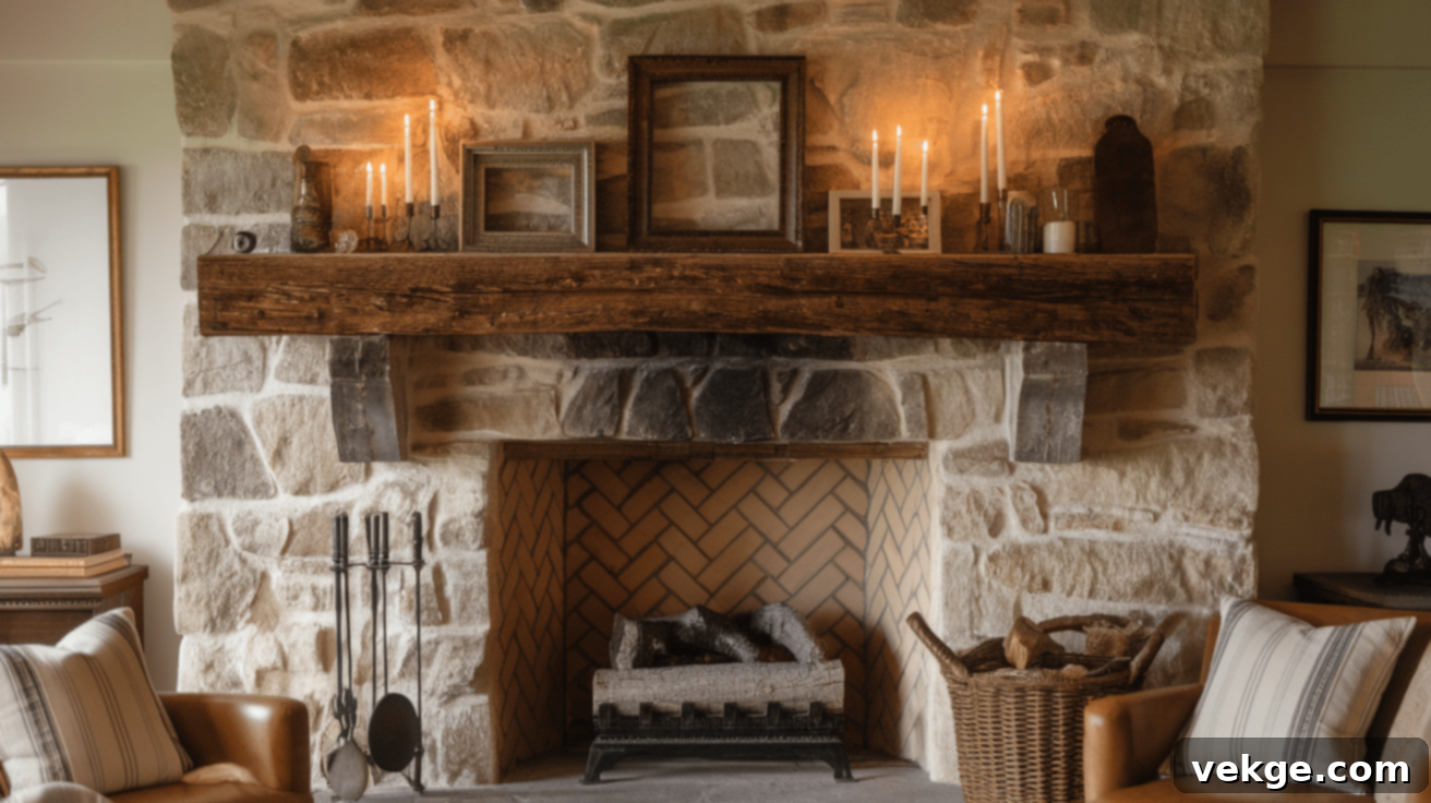 Fireplace With Wooden Mantel - Rustic focal point for a farmhouse living room