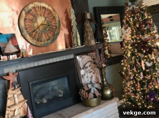 A cozy fireplace adorned with festive Christmas decorations, featuring a prominent, elegant big wall clock above the mantelpiece, adding a timeless touch to the warm holiday scene.